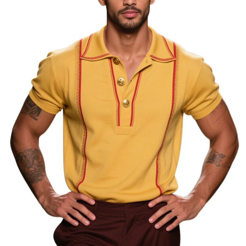 Men’s Vintage Casual Striped Embroidered Cotton Short Sleeve Polo Shirt MTAETO