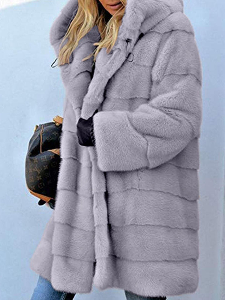 Faux Fur Hooded Jacket Open Front Parka Outwear – Grey Faux Fur Hooded Jacket Open Front Parka Outwear – Grey