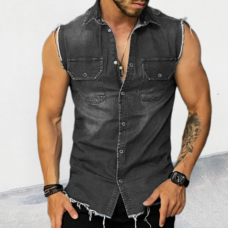 Men’s Vintage Washed Raw Edge Lapel Sleeveless Denim Shirt M