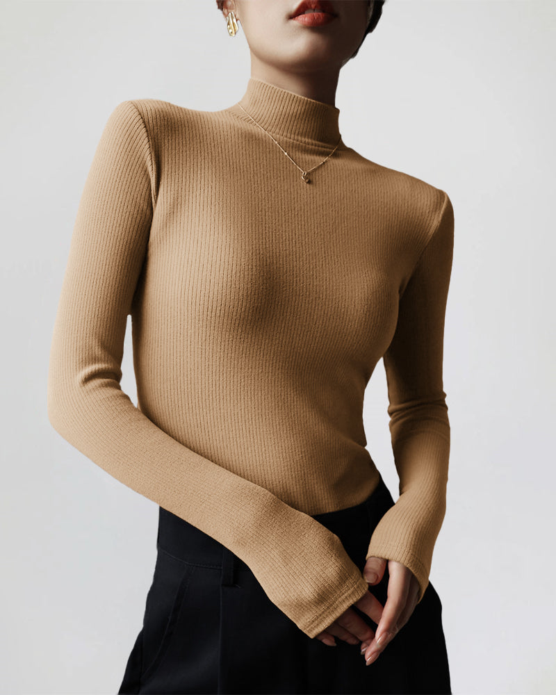 Velvet Half Turtleneck Long Sleeve Thread Slim-fit Base shirt – Khaki L-
