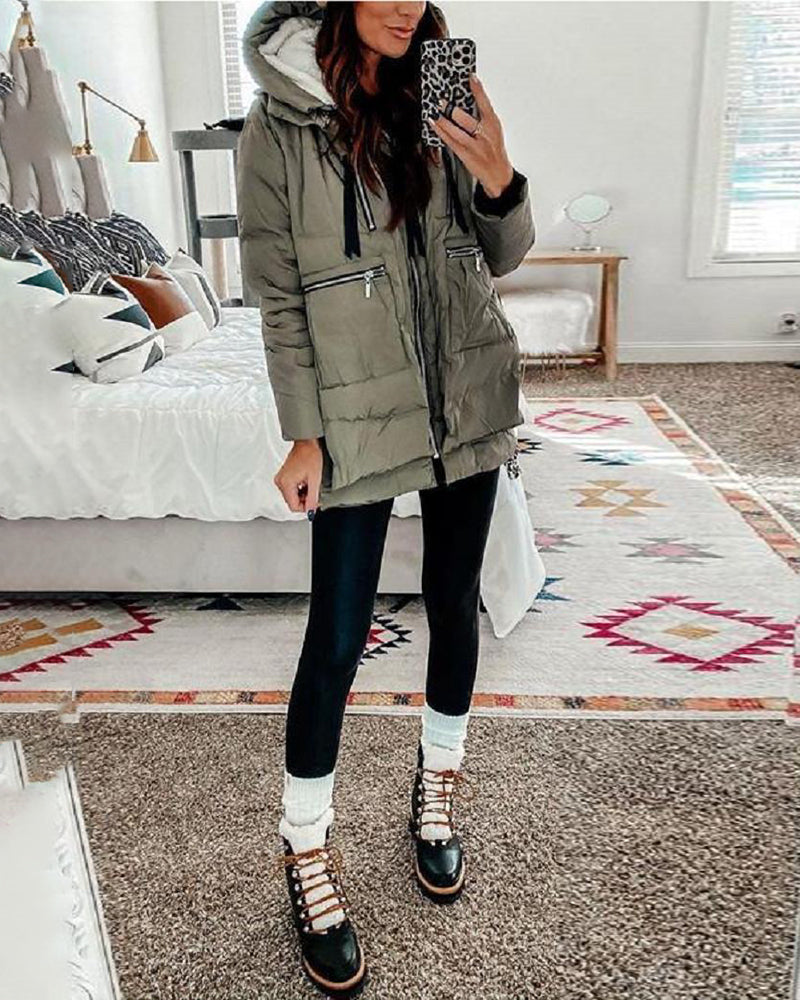 Thickened Side Zip Puffer Coat Puffer Down Jacket – Army Green L- Thickened Side Zip Puffer Coat Puffer Down Jacket – Army Green L-