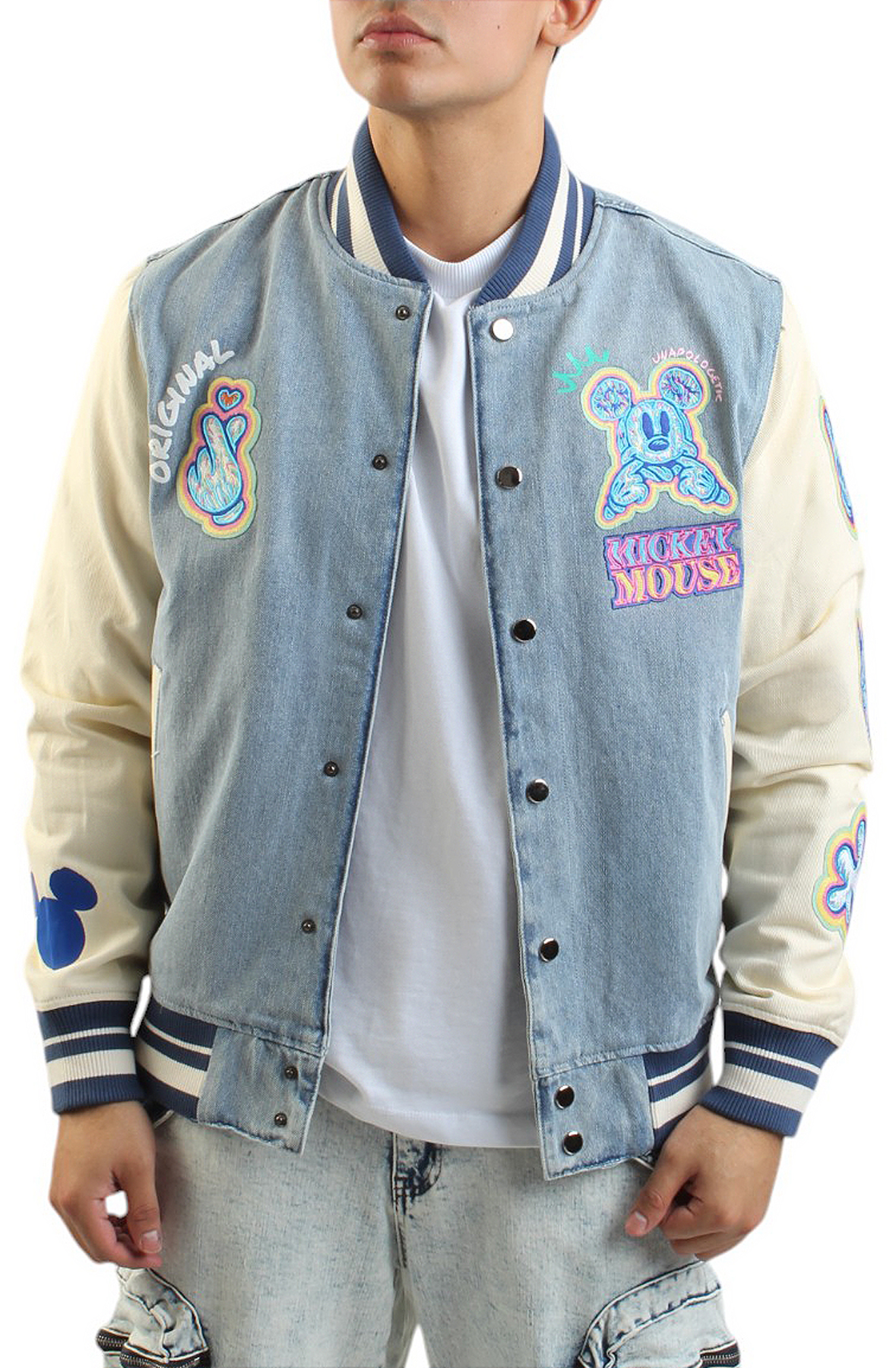 Men Mickey Mouse Denim Varsity Jacket Denim Jackets Denim Men Mickey Mouse Denim Varsity Jacket Denim Jackets Denim