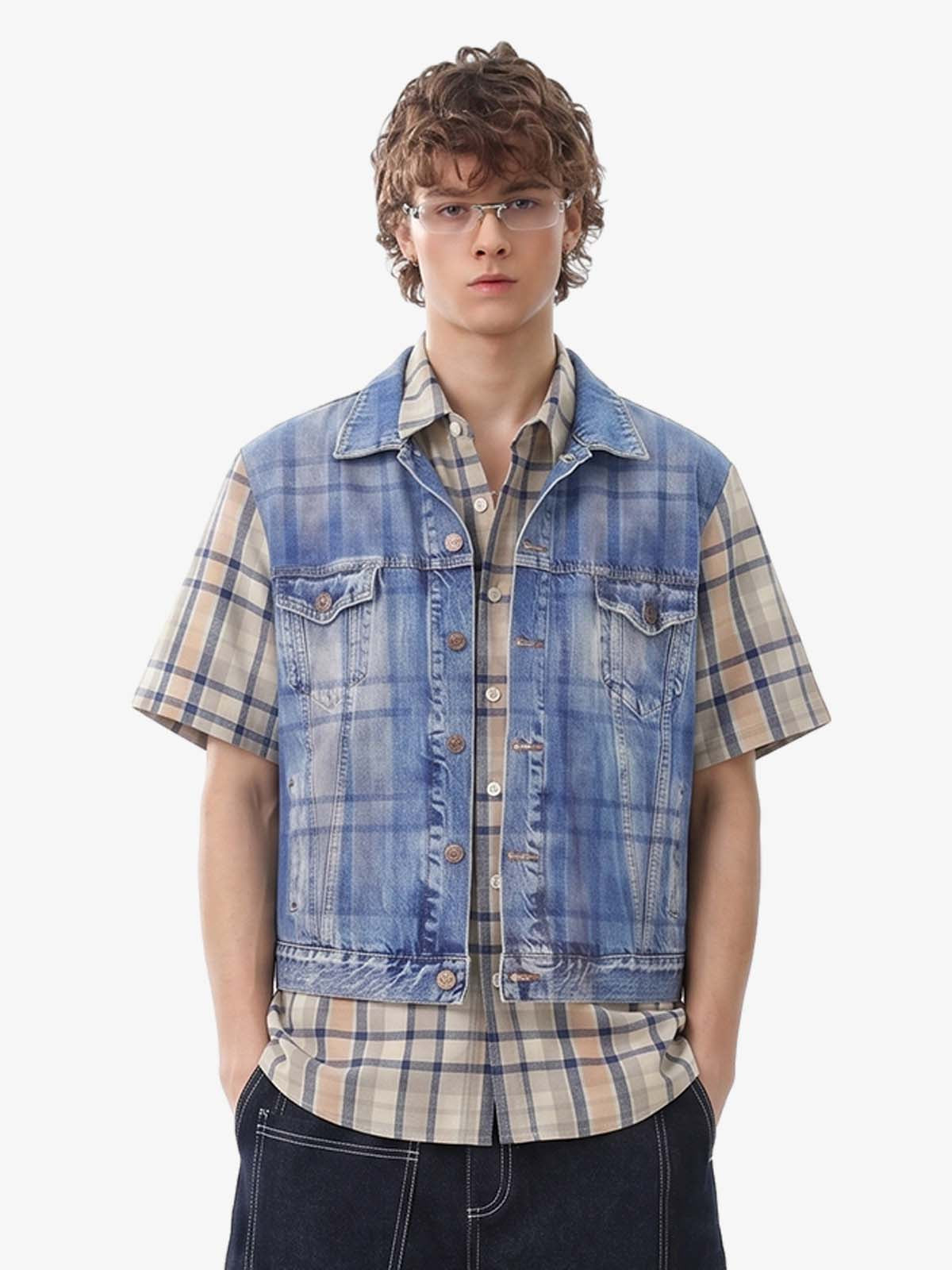 Layered Plaid Denim Print Short Sleeve Shirt Layered Plaid Denim Print Short Sleeve Shirt