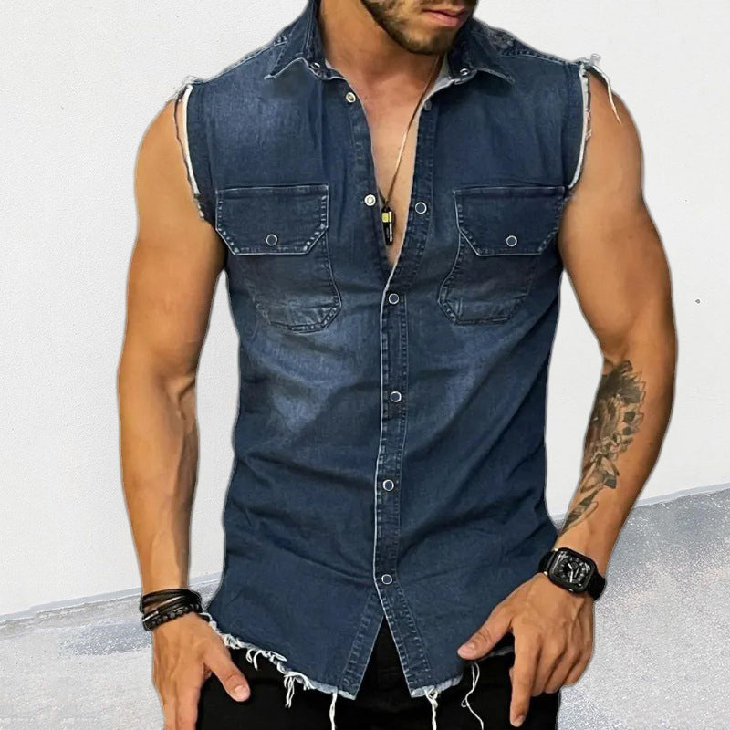 Men’s Vintage Washed Raw Edge Lapel Sleeveless Denim Shirt M