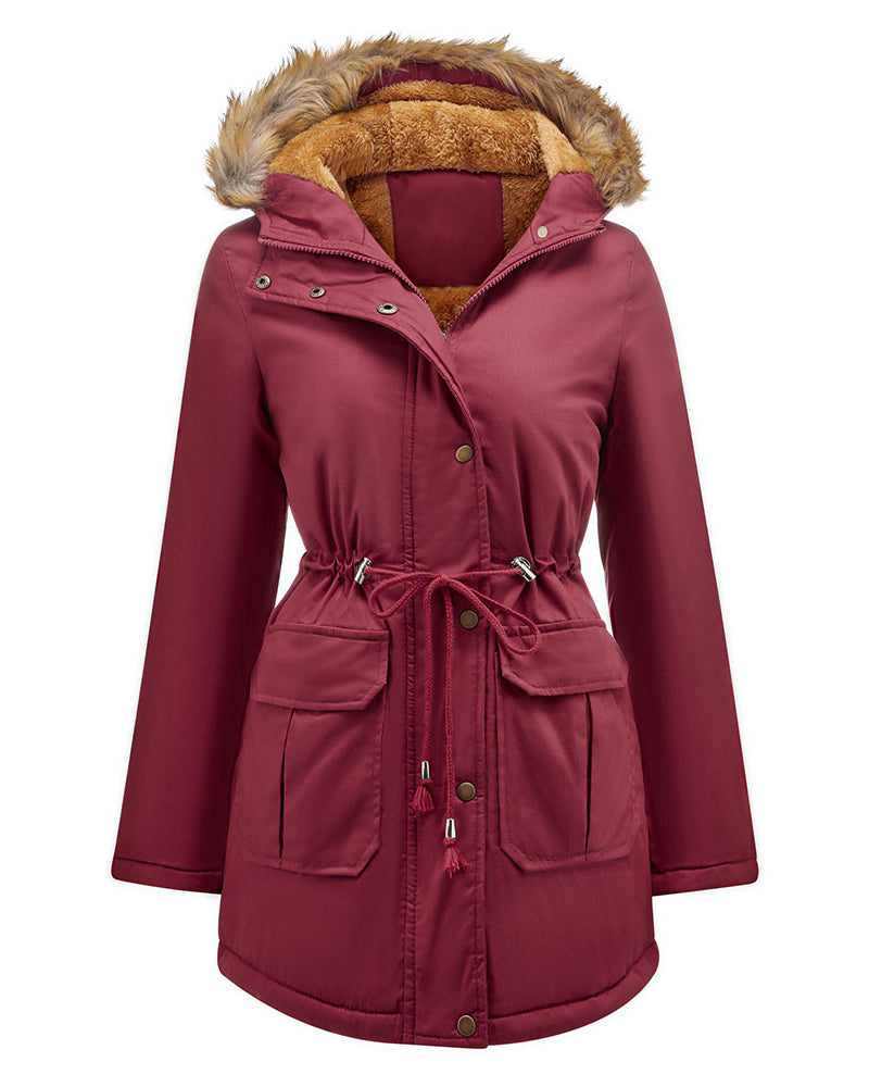 Faux Fur Hood Parka Jacket – Wine Red M Faux Fur Hood Parka Jacket – Wine Red M
