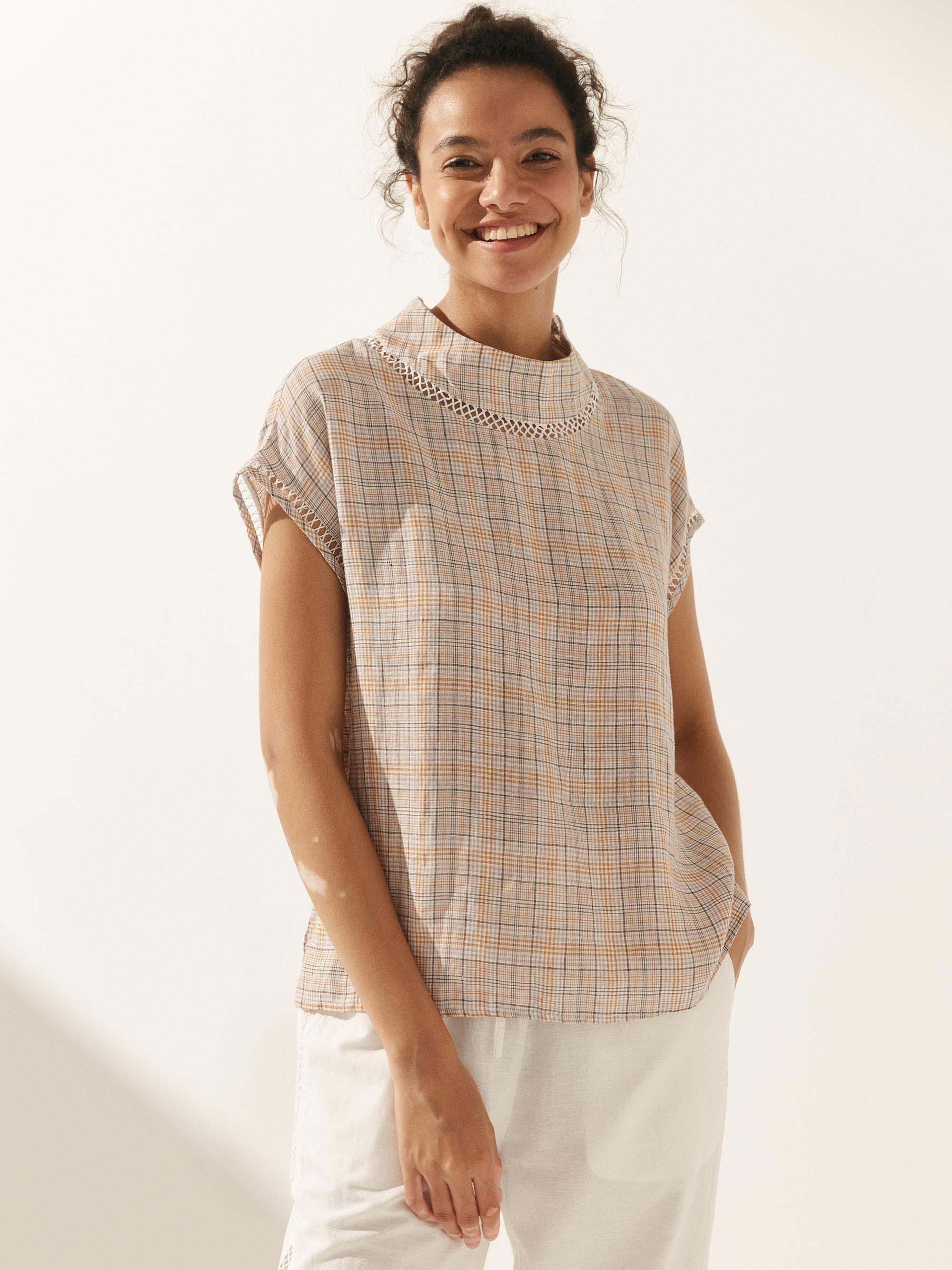 % Linen Gingham Checked Cutout Turtleneck Top CAROL % Linen Gingham Checked Cutout Turtleneck Top CAROL