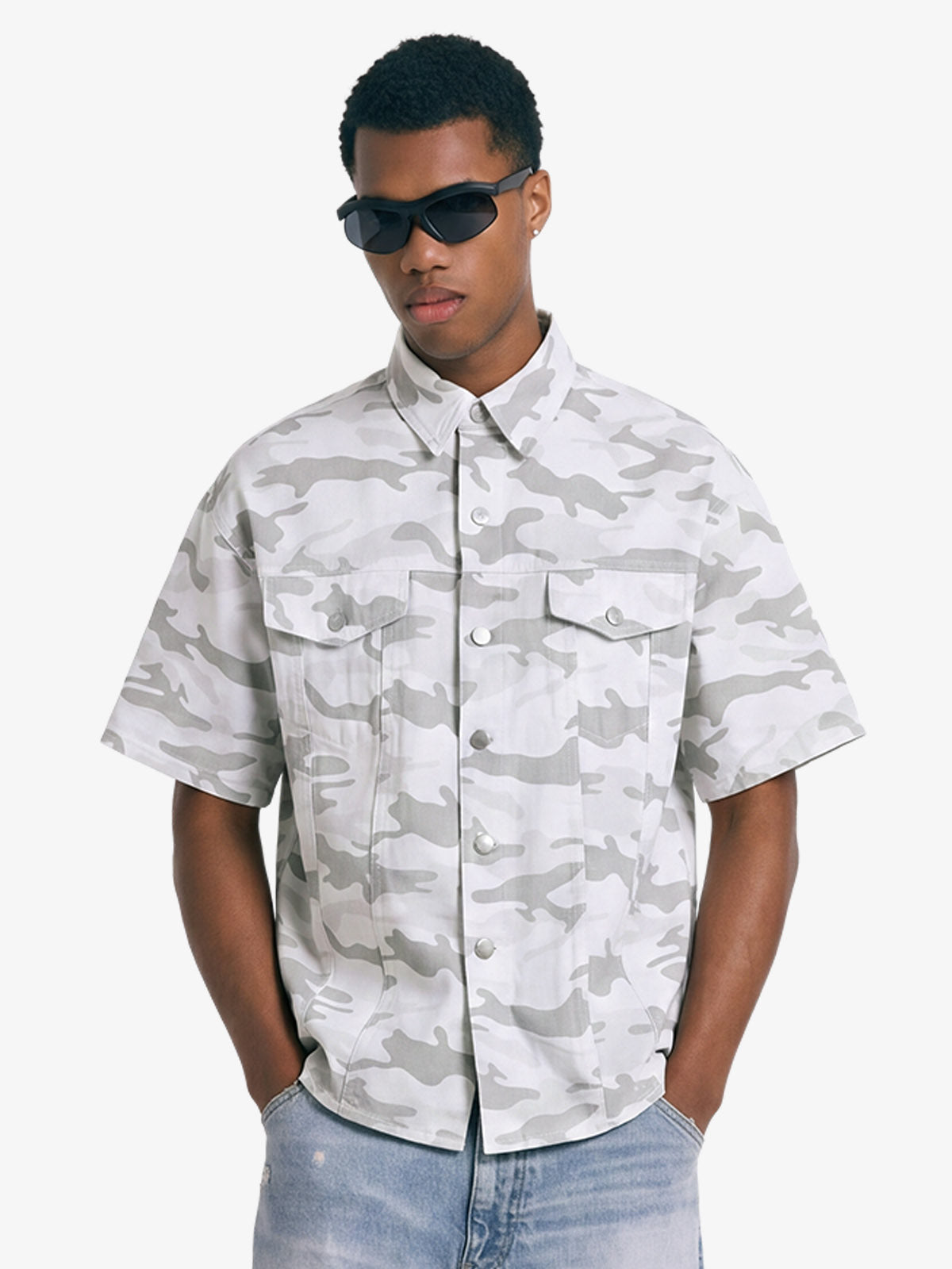 Light Grey Tactical Camo Pleated Denim Shirt Light Grey Tactical Camo Pleated Denim Shirt