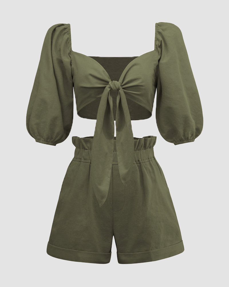 Half Sleeve Knot Front Crop Cardigan Top with Shorts Sets – Army Green S Half Sleeve Knot Front Crop Cardigan Top with Shorts Sets – Army Green S