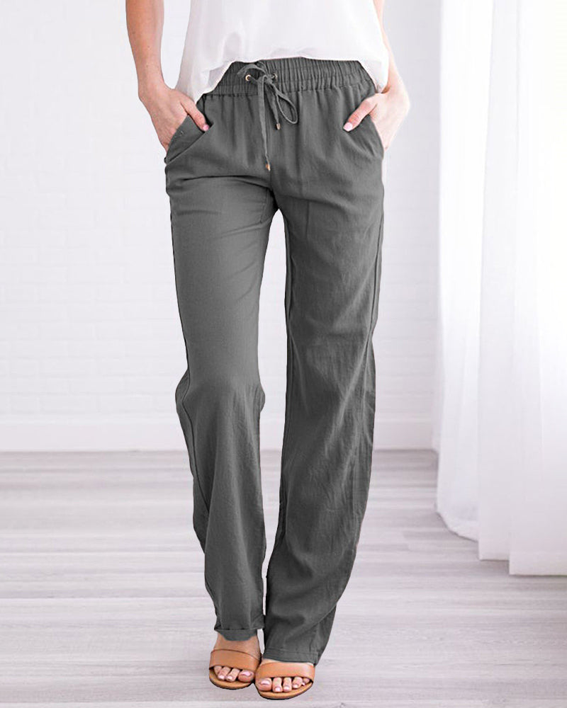 Solid Color Drawstring Elastic Waist Pants Casual Trousers with Pockets – Grey L-