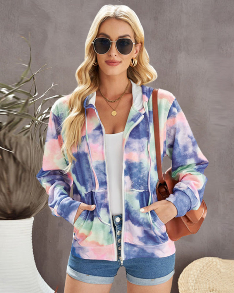 Tie-dye Hoodie Zip Up Casual Jacket Active Sweatshirt – Purple