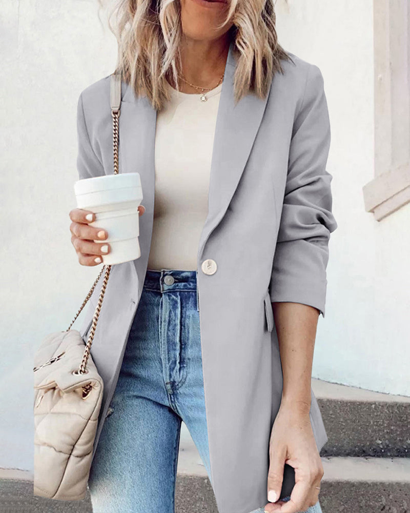 Single Breasted Button Down Office Work Wear Solid Blazer Jacket – Grey L- Single Breasted Button Down Office Work Wear Solid Blazer Jacket – Grey L-