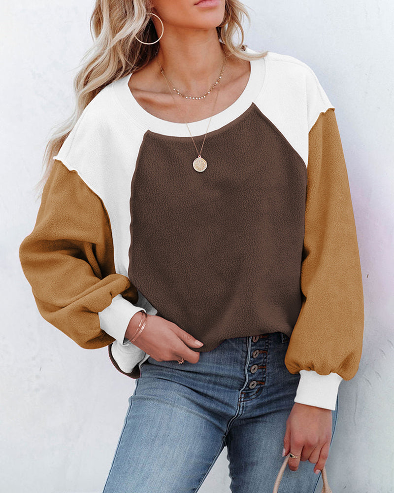 Zeagoo Colorblock Bishop Sleeve Sweatshirt Plush Stitching Jumper Crop Top – Brown L- Zeagoo Colorblock Bishop Sleeve Sweatshirt Plush Stitching Jumper Crop Top – Brown L-
