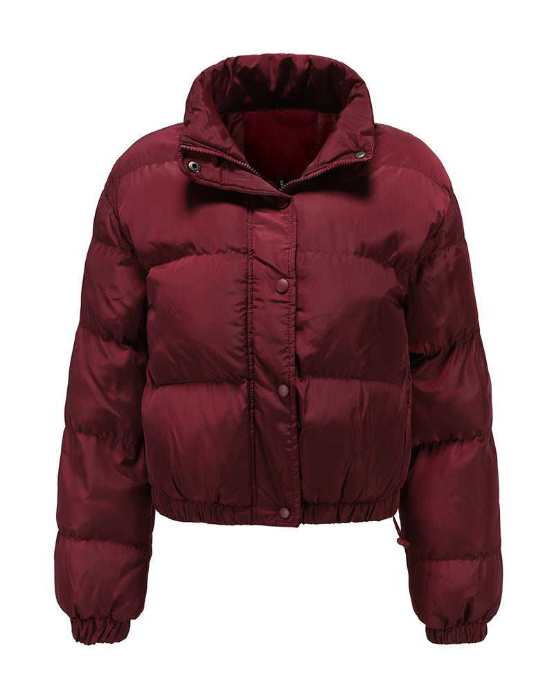 Short Puffer Jacket Stands Up Button Zipper Outerwear – Wine Red L- Short Puffer Jacket Stands Up Button Zipper Outerwear – Wine Red L-