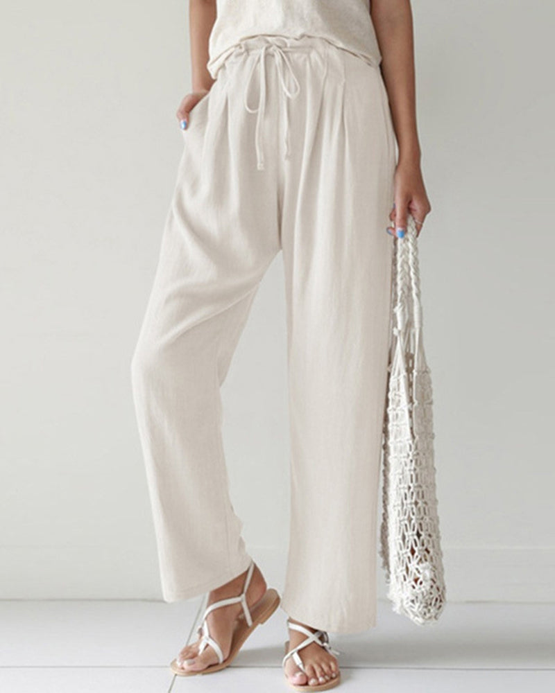 High Waist Trousers Solid Color Palazzo Pant Beach Casual Boho Drawstring Bottoms – White