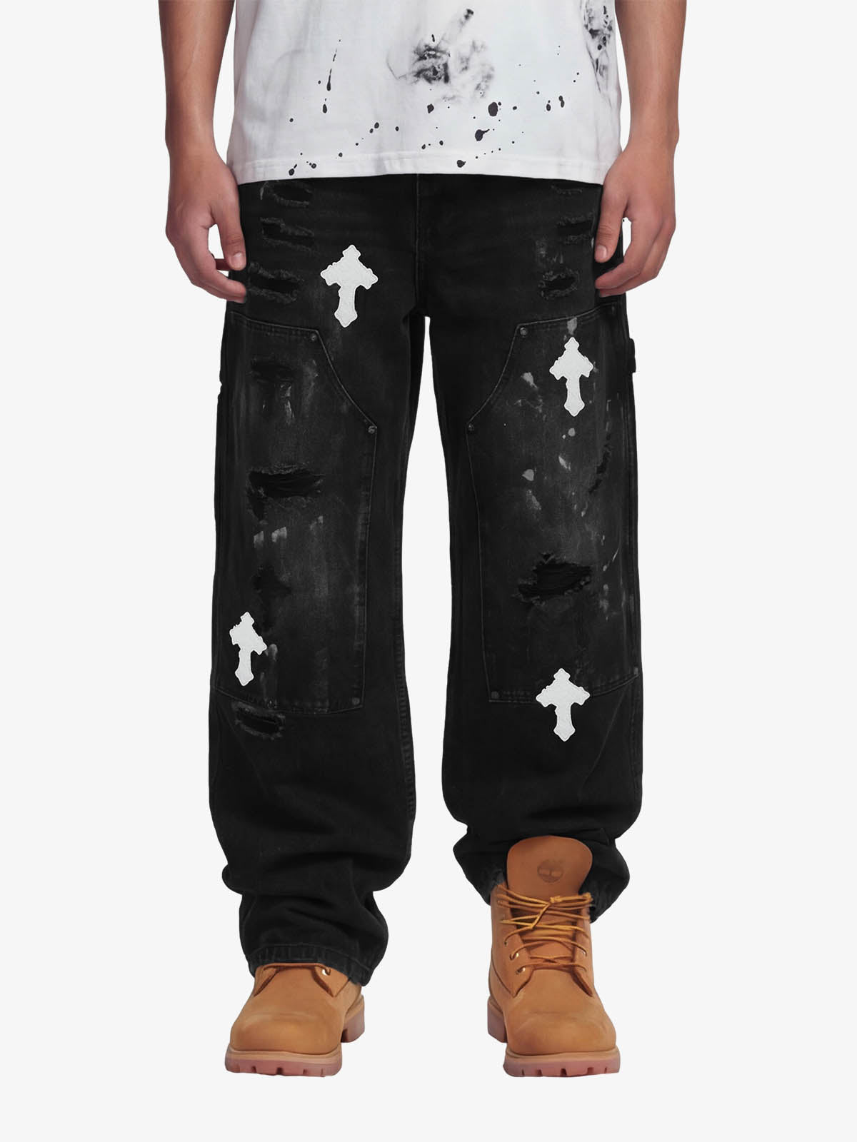 Distressed Cross Patchwork Baggy Denim Jeans Distressed Cross Patchwork Baggy Denim Jeans