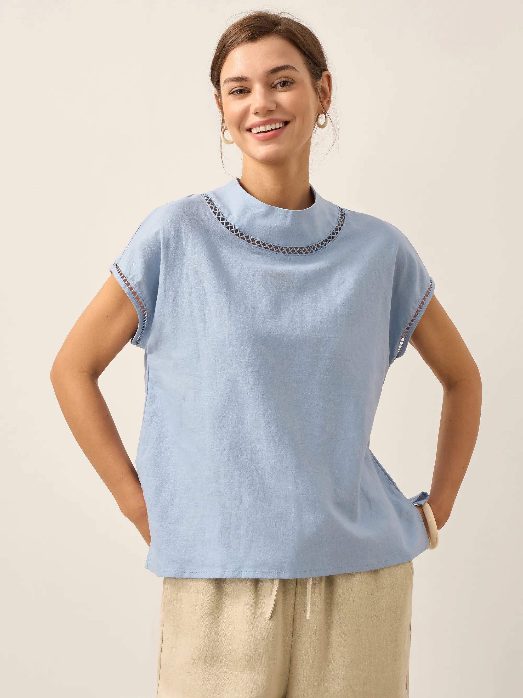 % Linen Gingham Checked Cutout Turtleneck Top CAROL % Linen Gingham Checked Cutout Turtleneck Top CAROL