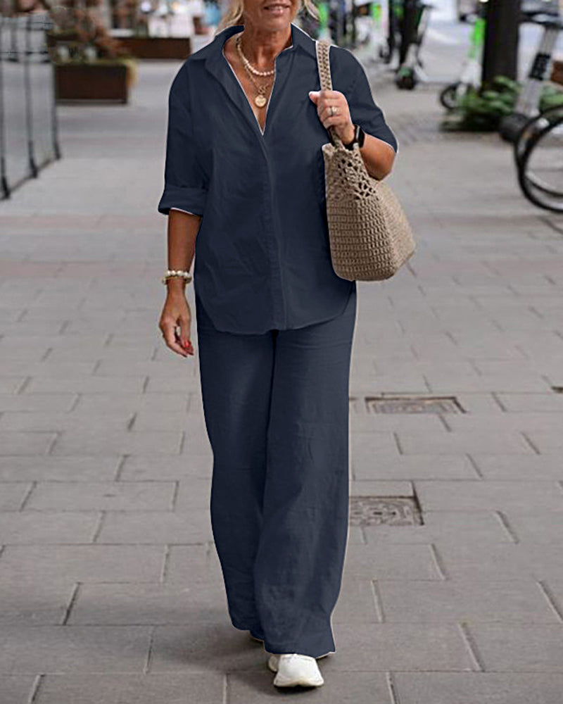 Two Piece Set Lapel Long-sleeved Shirt Casual Solid Color Wide-leg Pants Suit – Dark Blue Two Piece Set Lapel Long-sleeved Shirt Casual Solid Color Wide-leg Pants Suit – Dark Blue