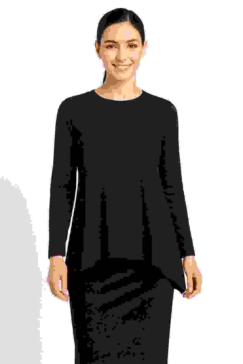 Modest Long Sleeve Handkerchief Tunic Top – Muted Tie-Dye Ribbed Knit – Black Tie-Dye Medium Modest Long Sleeve Handkerchief Tunic Top – Muted Tie-Dye Ribbed Knit – Black Tie-Dye Medium
