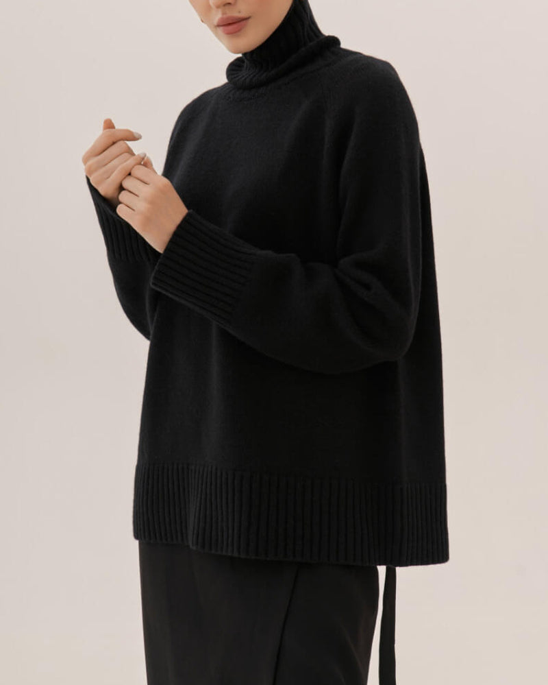 Turtleneck Sweater Casual Loose Knitted Pullover Tops – Black M