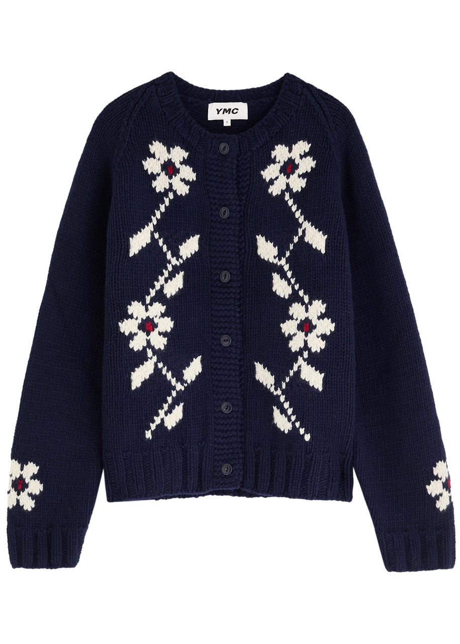 Ymc Atomic Floral-intarsia Wool-blend Cardigan – Navy – S – S Ymc Atomic Floral-intarsia Wool-blend Cardigan – Navy – S – S