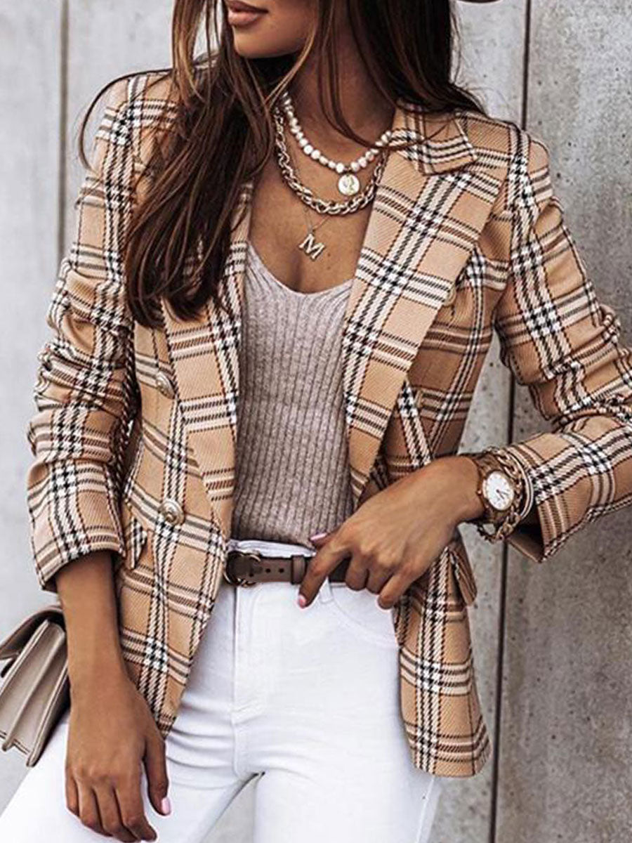 Zeagoo Casual Loose Plaid Blazer – Khaki L- Zeagoo Casual Loose Plaid Blazer – Khaki L-