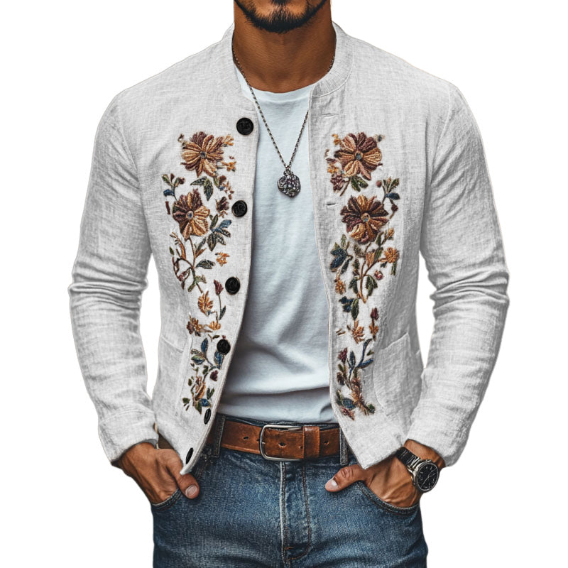 【-hour shipping out】Men’s Casual Linen Embroidered Stand Collar Single Breasted Slim Fit Jacket M 【-hour shipping out】Men’s Casual Linen Embroidered Stand Collar Single Breasted Slim Fit Jacket M