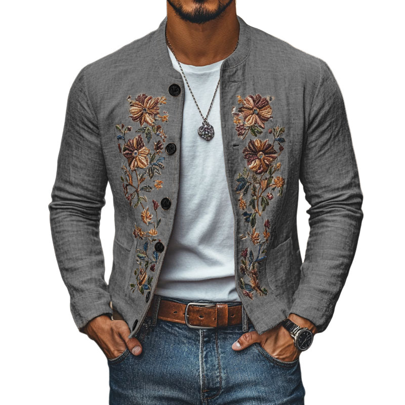 【-hour shipping out】Men’s Casual Linen Embroidered Stand Collar Single Breasted Slim Fit Jacket M