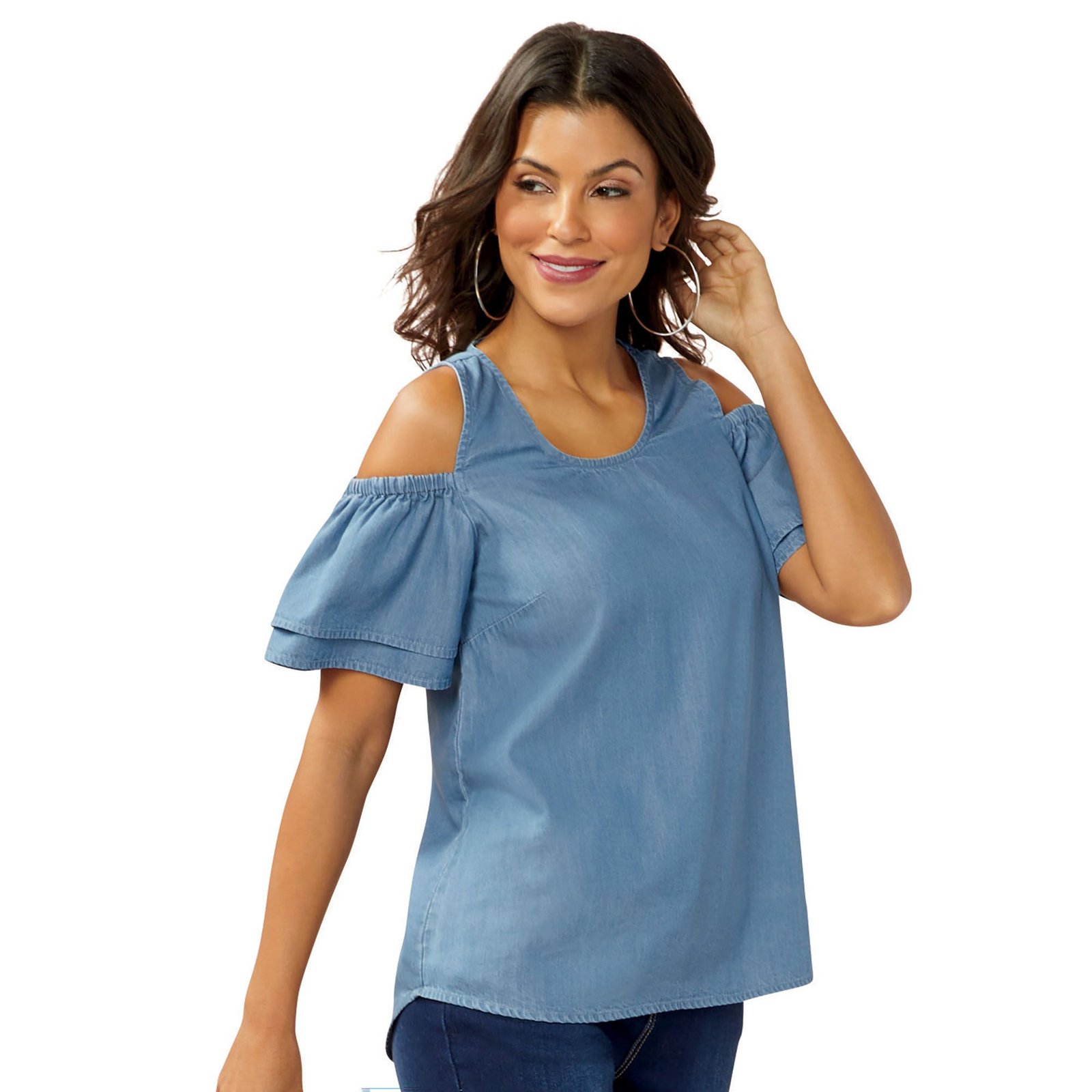 MasseysCold-Shoulder Chambray Denim Shirt Blue Shirts X MasseysCold-Shoulder Chambray Denim Shirt Blue Shirts X