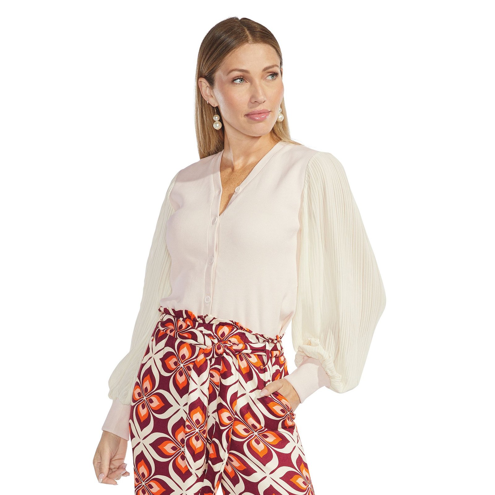 Masseys Button Up Chiffon Sleeve Cardigan White Knit Tops X Masseys Button Up Chiffon Sleeve Cardigan White Knit Tops X