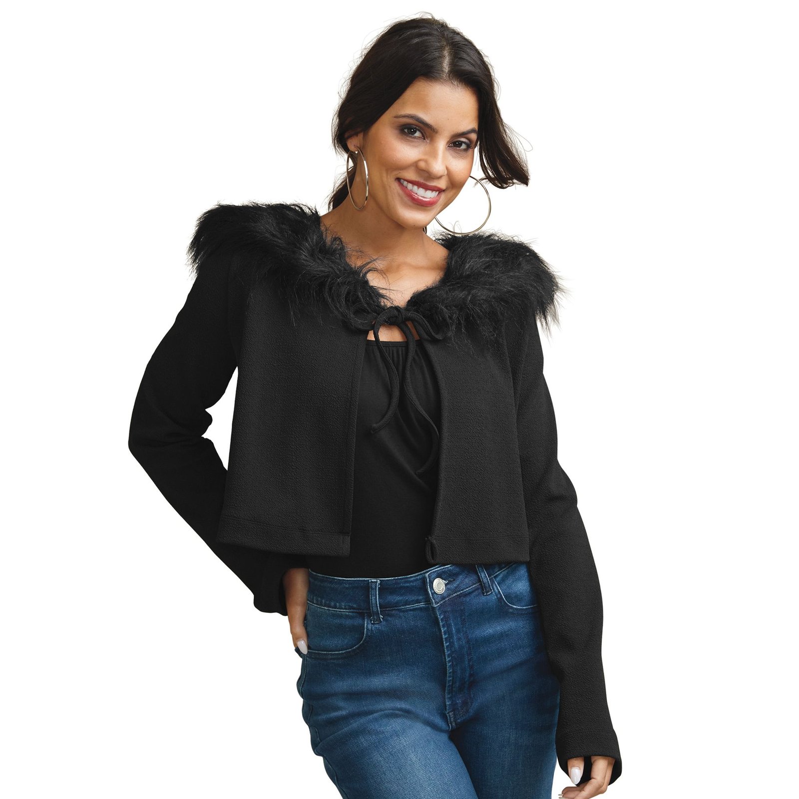 Masseys Faux Fur Tie Front Cardigan Black Knit Tops X Masseys Faux Fur Tie Front Cardigan Black Knit Tops X