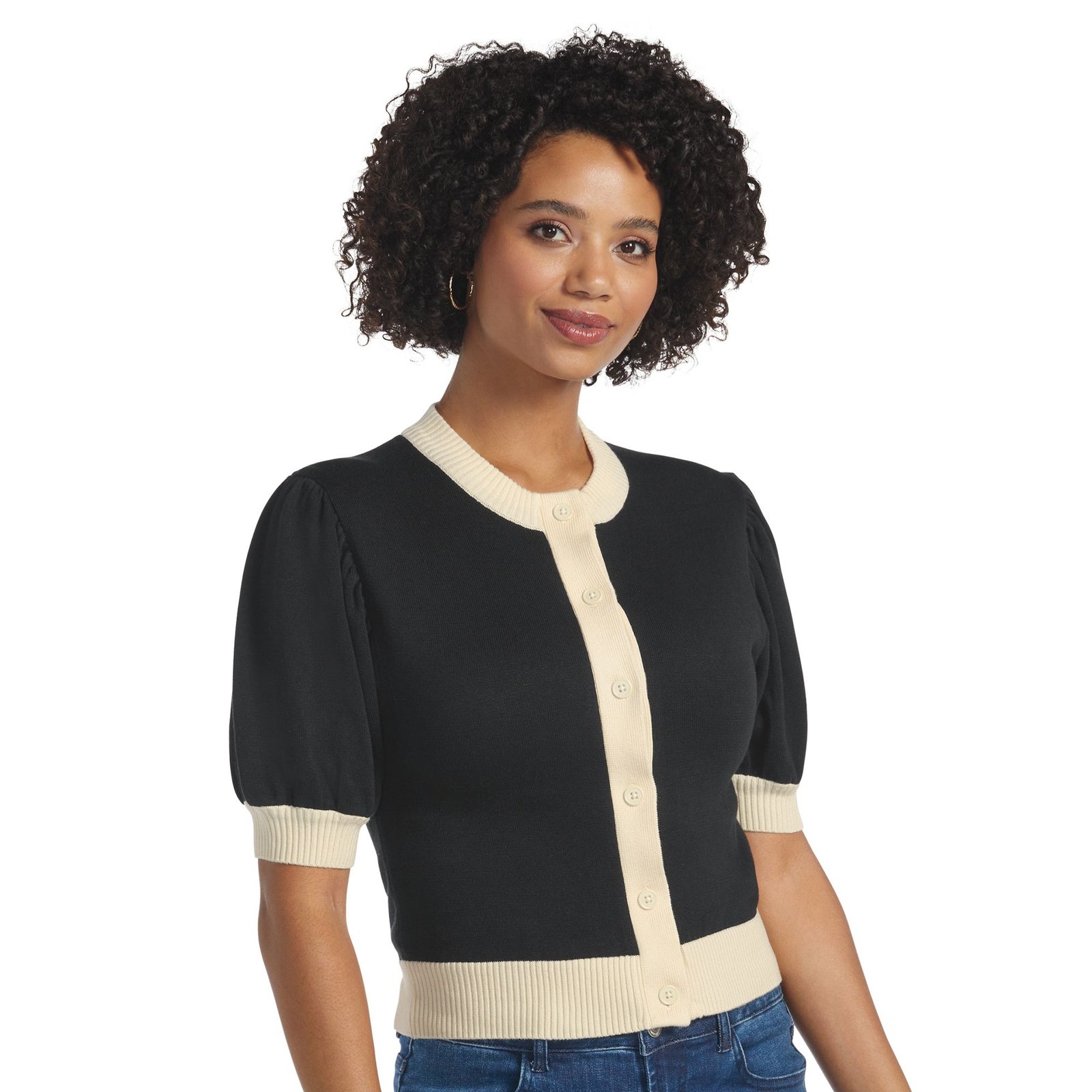Masseys Puff Sleeve Sweater Cardigan Black Sweaters X