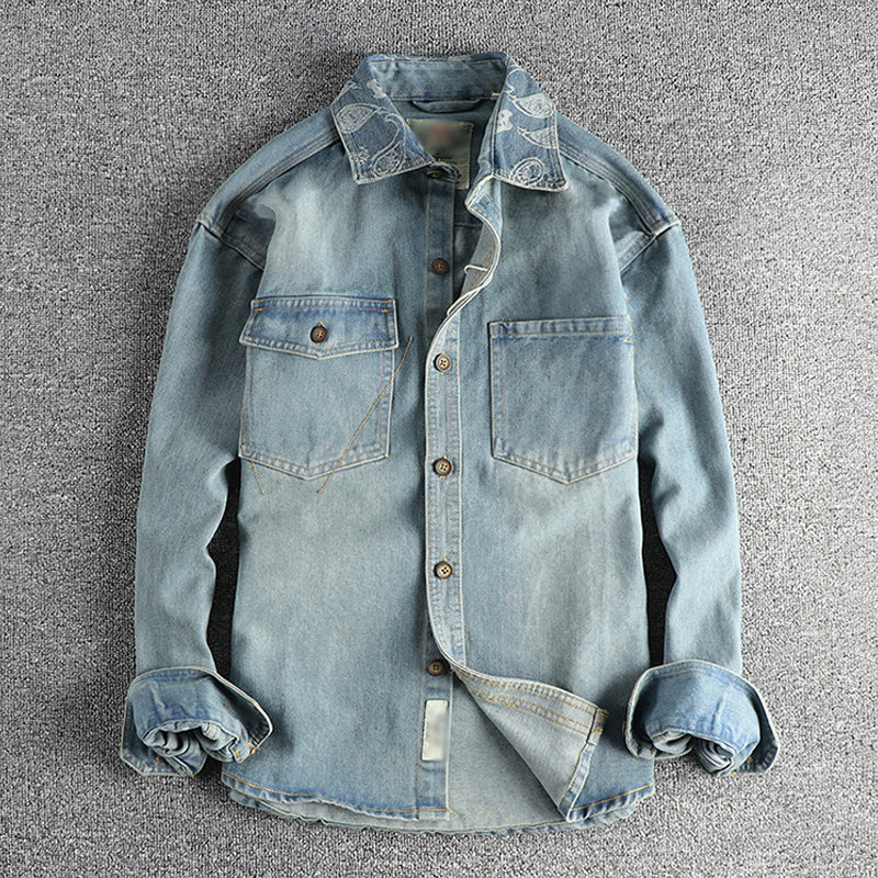 Men’s Vintage Washed Cashew Flower Embroidery Long Sleeve Denim Shirt M Men’s Vintage Washed Cashew Flower Embroidery Long Sleeve Denim Shirt M