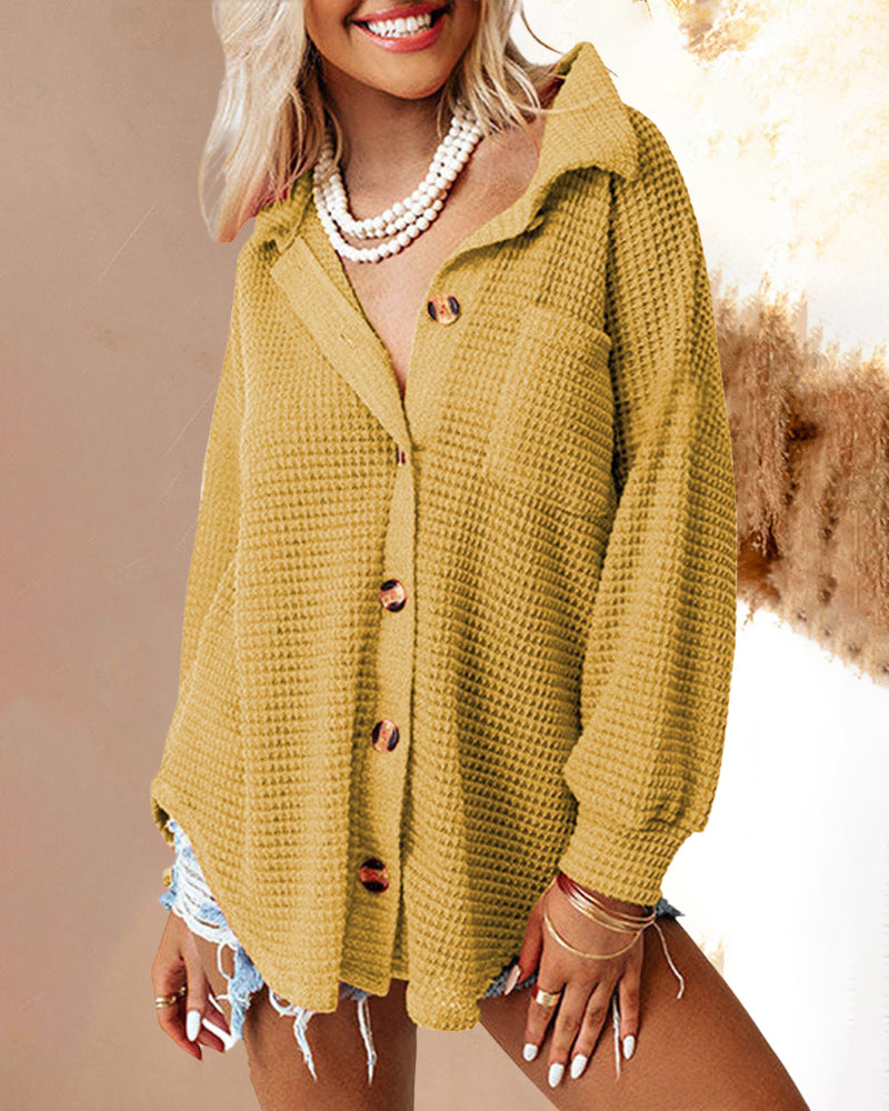 Zeagoo Casual Long Sleeve Top Solid Color Lapel Loose Mid Length Shirt Jacket – Yellow