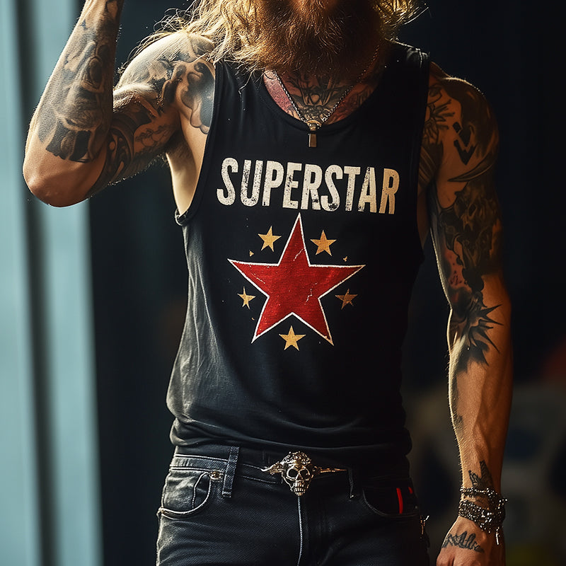 Men’s Retro “SUPERSTAR” Print Casual Crew Neck Tank Top TO Men’s Retro “SUPERSTAR” Print Casual Crew Neck Tank Top TO