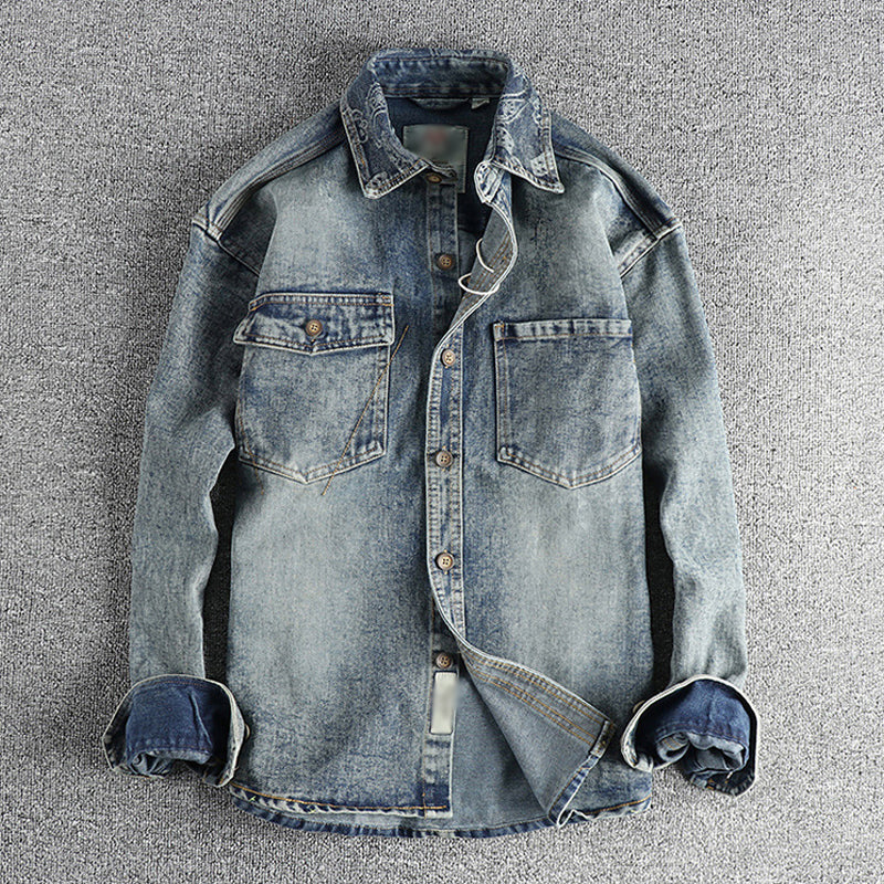 Men’s Vintage Washed Cashew Flower Embroidery Long Sleeve Denim Shirt M Men’s Vintage Washed Cashew Flower Embroidery Long Sleeve Denim Shirt M