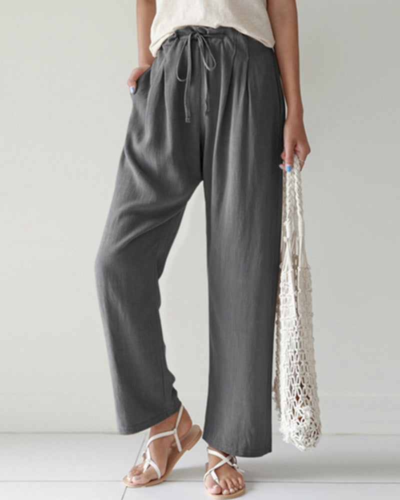 High Waist Trousers Solid Color Palazzo Pant Beach Casual Boho Drawstring Bottoms – Grey L-