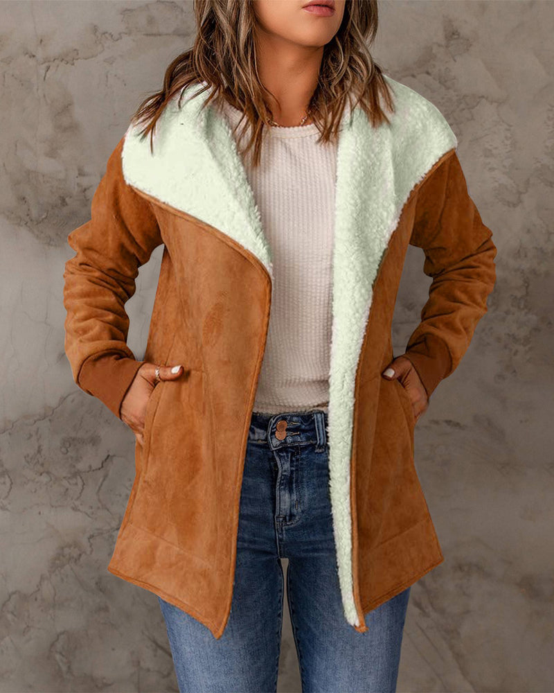 Fleece Long Sleeve Warm Teddy Coat Lapel Cardigan With Pocket – Brown M