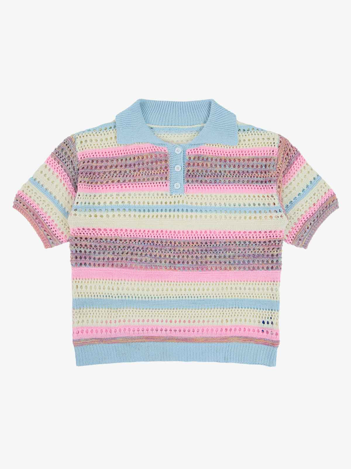 Pastel Striped Crochet Knit Short Sleeve Polo Shirt Pastel Striped Crochet Knit Short Sleeve Polo Shirt