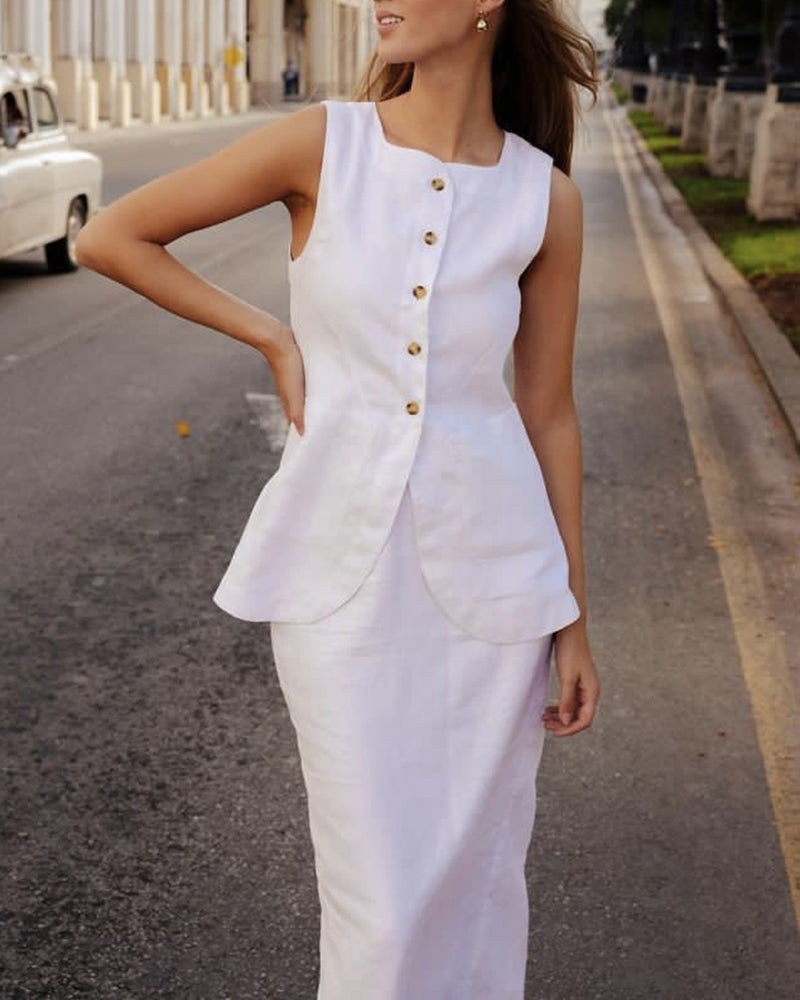 Solid Color Two Piece Outfits Sleeveless Tank Top Loose Fit Casual High Waist Skirts Suit – White M Solid Color Two Piece Outfits Sleeveless Tank Top Loose Fit Casual High Waist Skirts Suit – White M