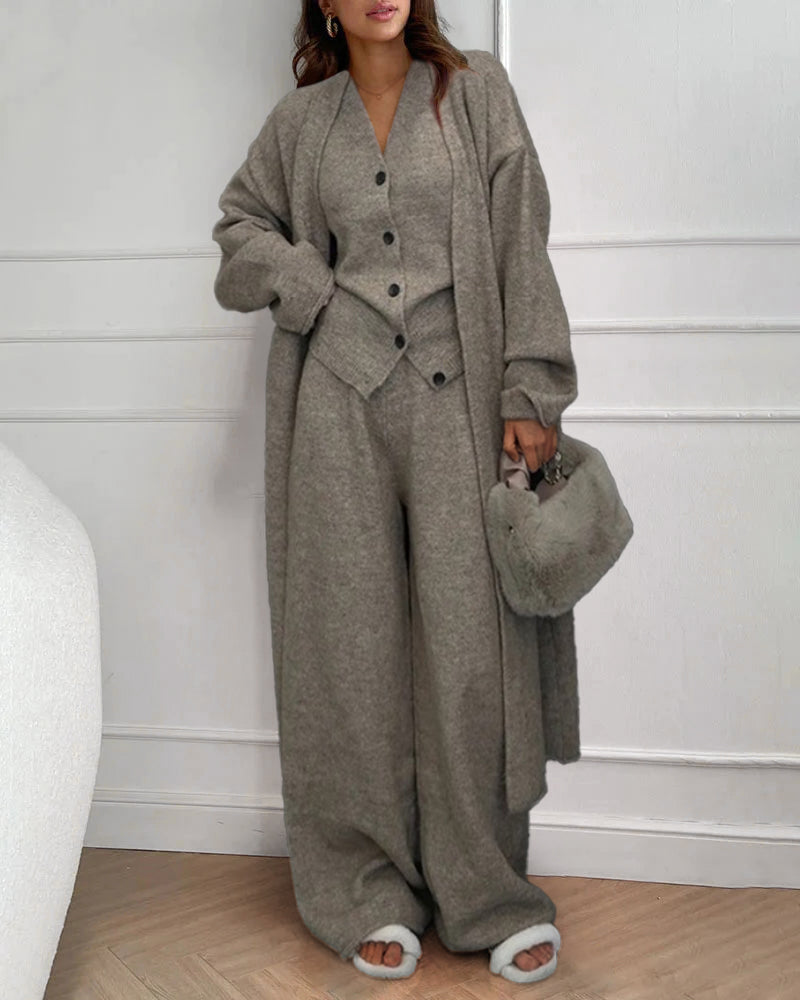 Knitted Three Piece Set Cardigan Sweater Vest and Wide Leg Pants – Light Brown L-