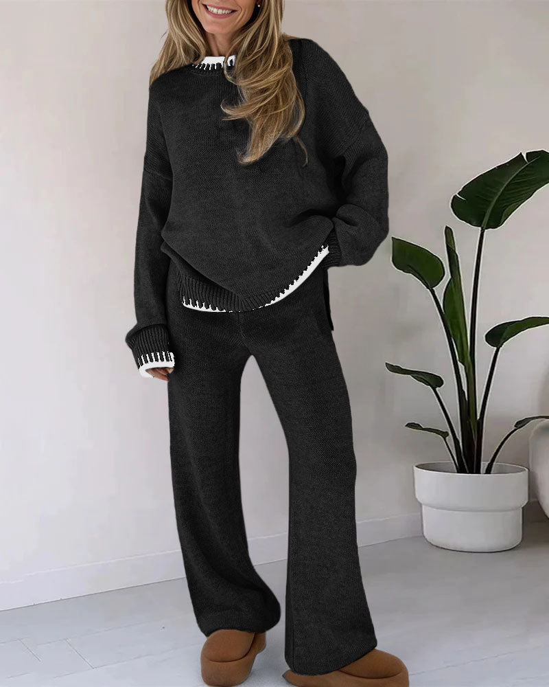 Zeagoo Casual Two-Pieces Outfits Contrast Trim Knitted Jumper and Trousers Sets – Black
