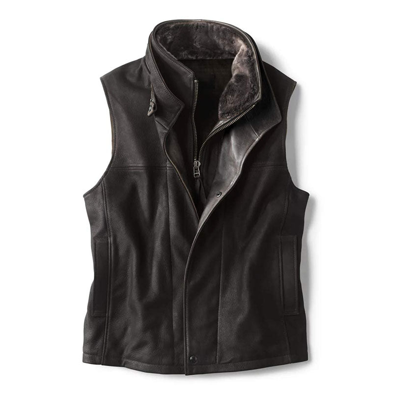 MEN’S VINTAGE DOUBLE LAYER COLLAR LAPEL LEATHER VEST MEN’S VINTAGE DOUBLE LAYER COLLAR LAPEL LEATHER VEST