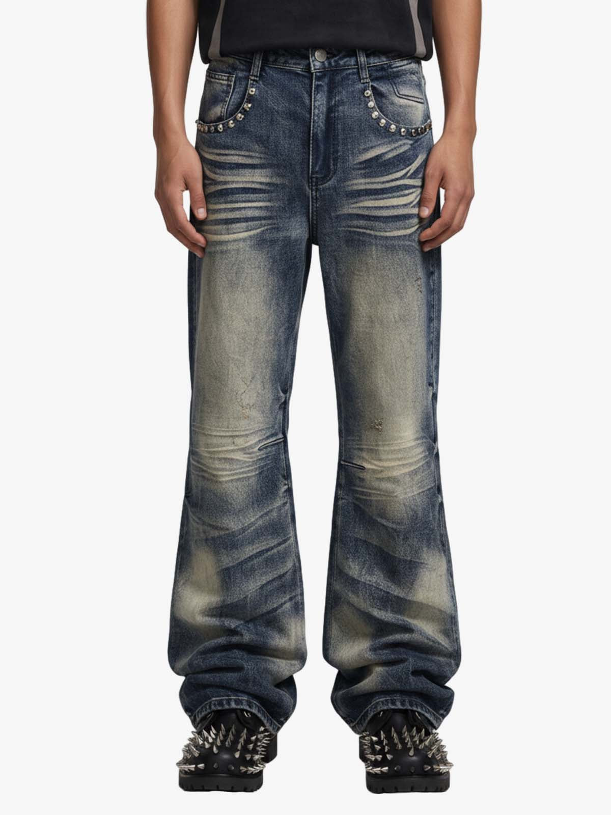 Vintage Washed Studded Pocket Flared Jeans Vintage Washed Studded Pocket Flared Jeans
