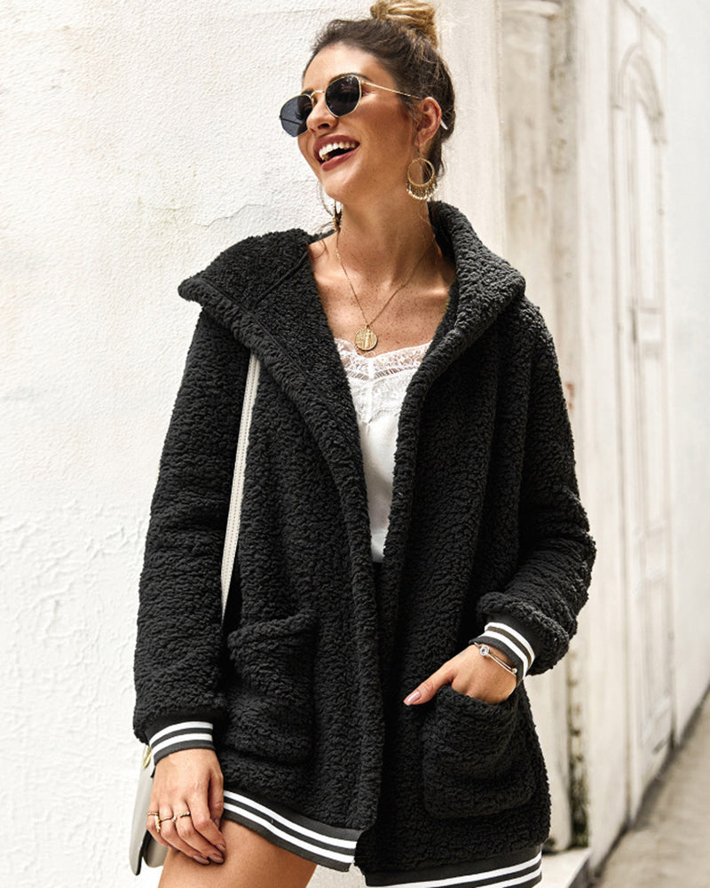 Hooded Fleece Loose Cardigans Coat – Black L- Hooded Fleece Loose Cardigans Coat – Black L-