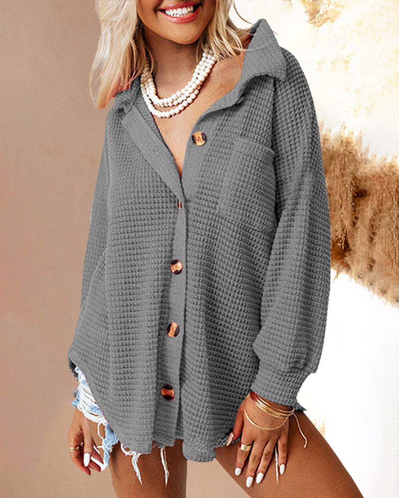 Zeagoo Casual Long Sleeve Top Solid Color Lapel Loose Mid Length Shirt Jacket – Grey