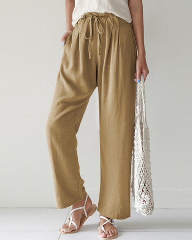 High Waist Trousers Solid Color Palazzo Pant Beach Casual Boho Drawstring Bottoms – Khaki S