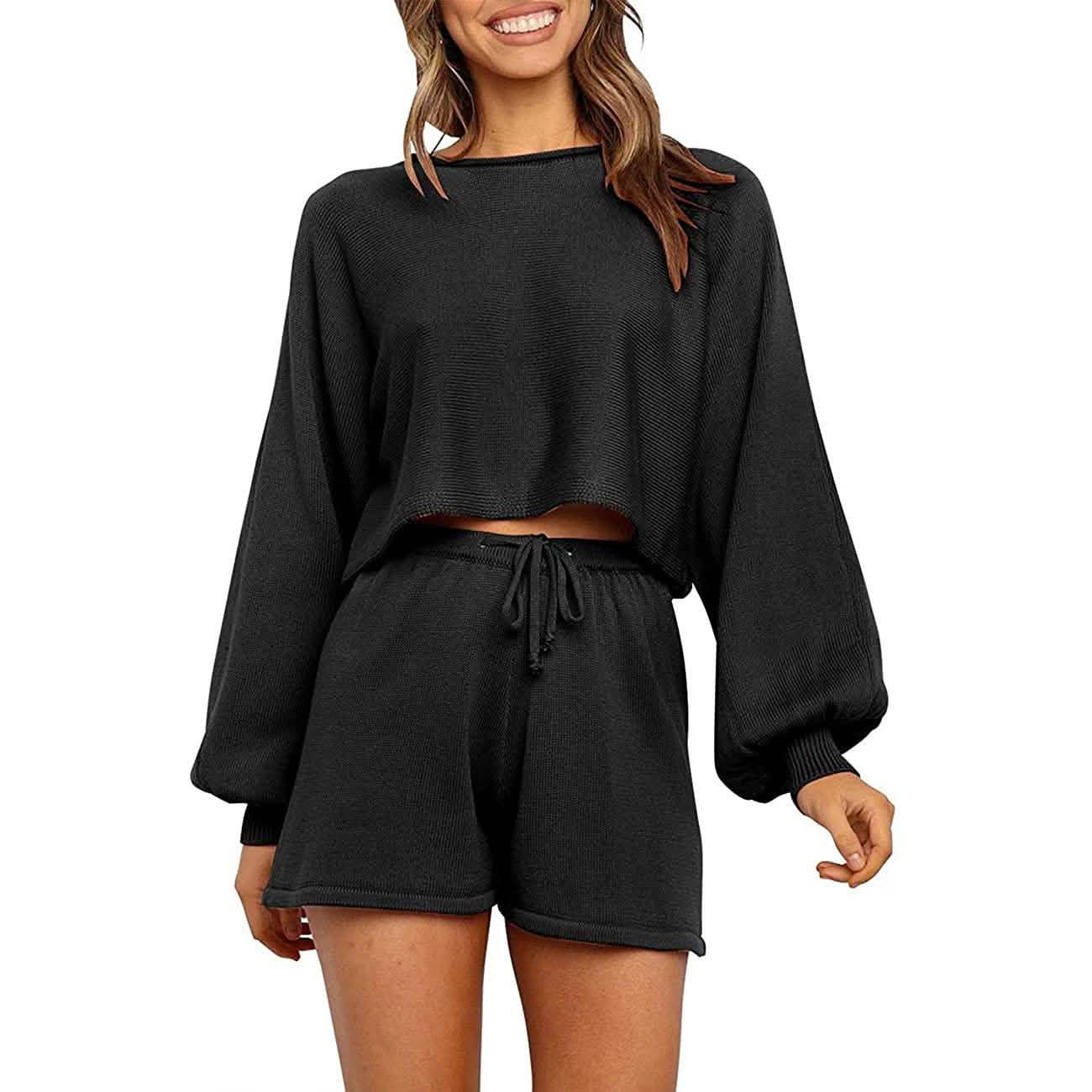-Piece: Knit Outfits Puff Sleeve Crop Top Shorts Set Sweater Sweatsuit -Piece: Knit Outfits Puff Sleeve Crop Top Shorts Set Sweater Sweatsuit