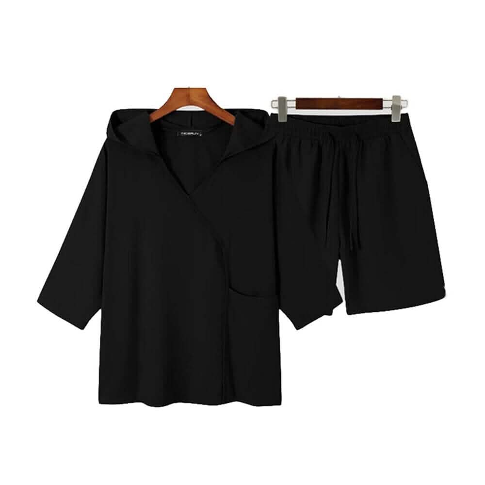 -Piece Set: Men’s Hooded Tracksuit Tennis Shirt Shorts and T Shirt Set Plain