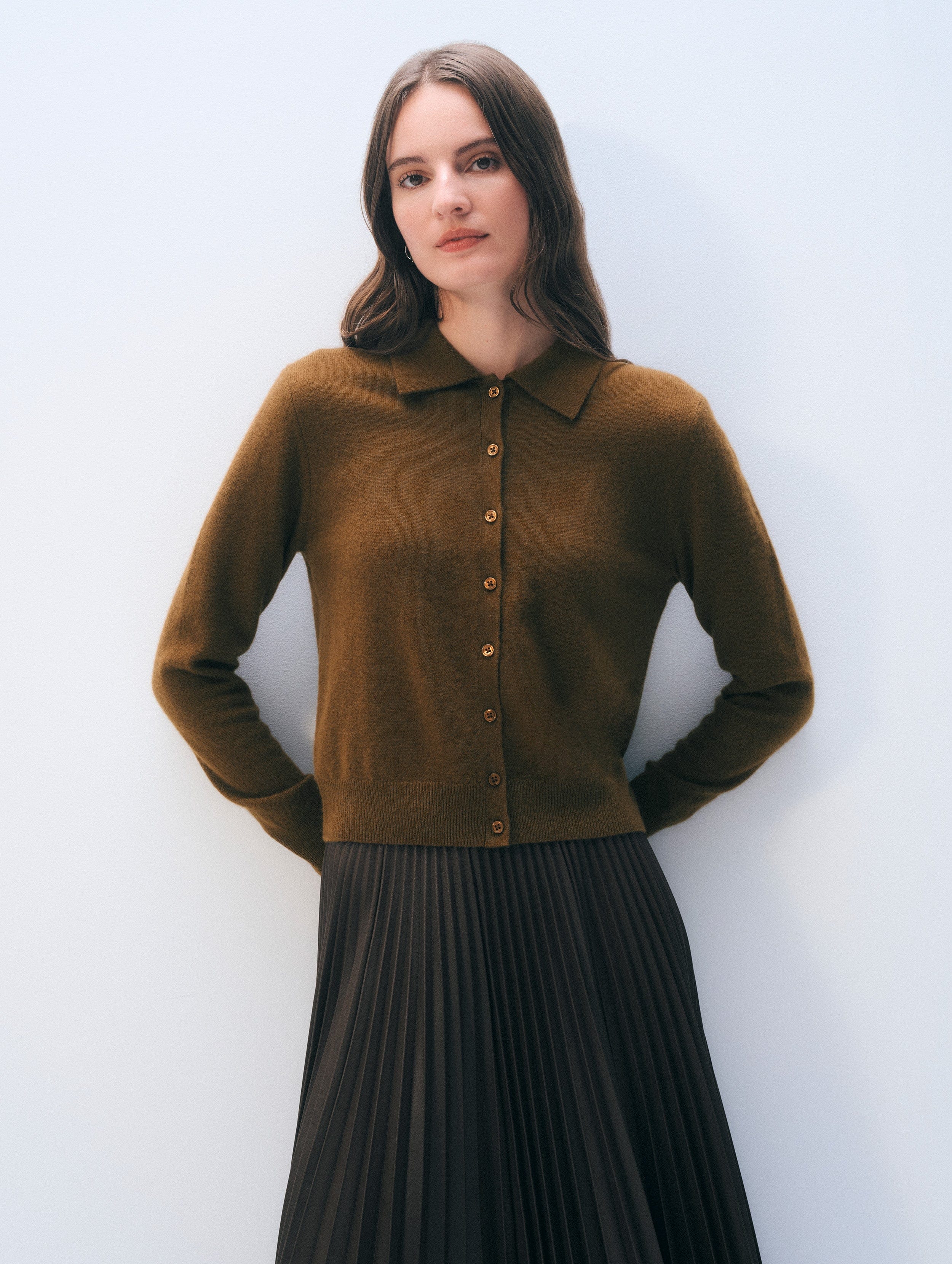 White & Warren Cashmere Collared Cardigan Sweater in Golden Brown