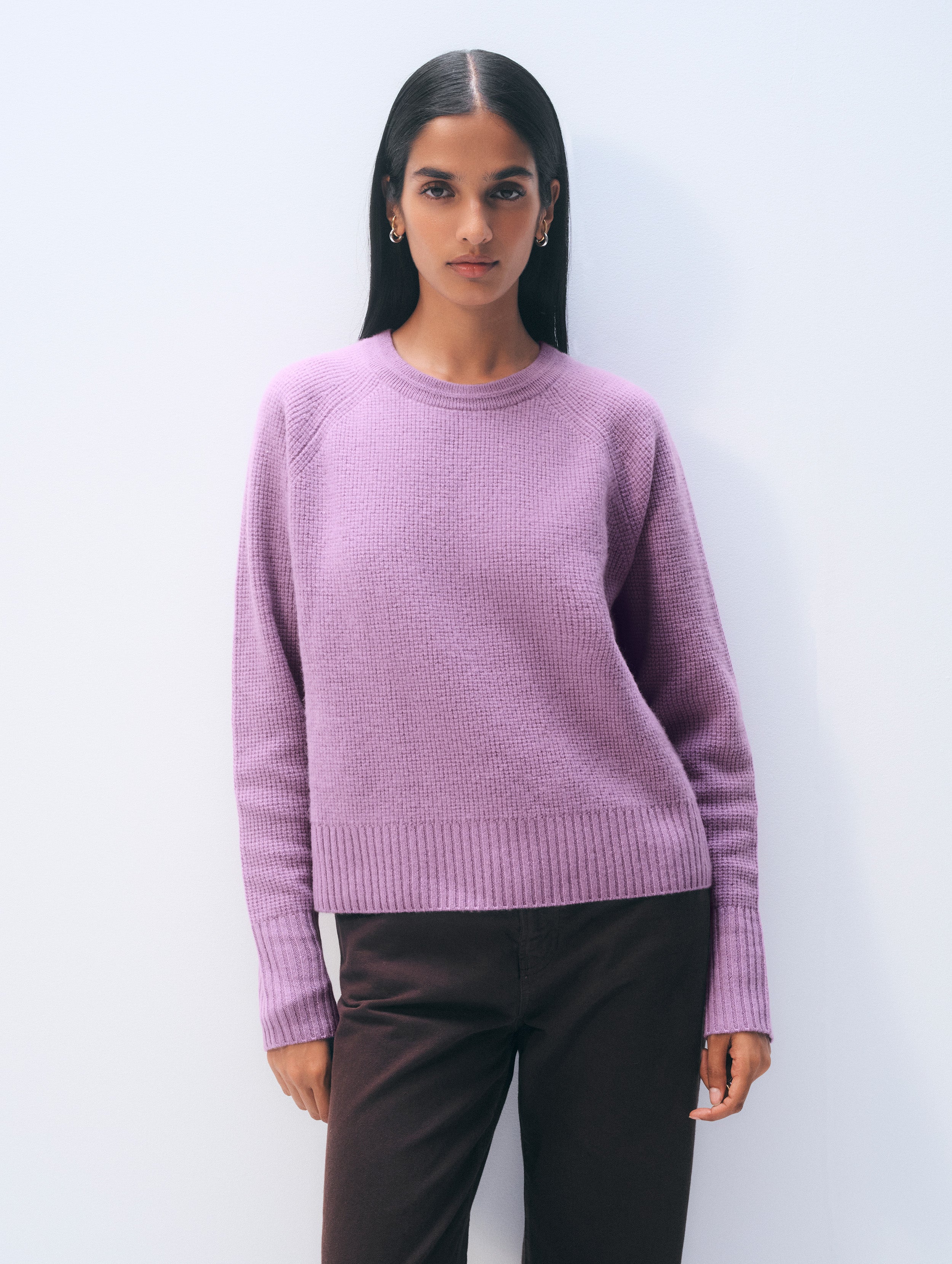 White & Warren Cashmere Waffle Sweatshirt in Soft Plum size White & Warren Cashmere Waffle Sweatshirt in Soft Plum size